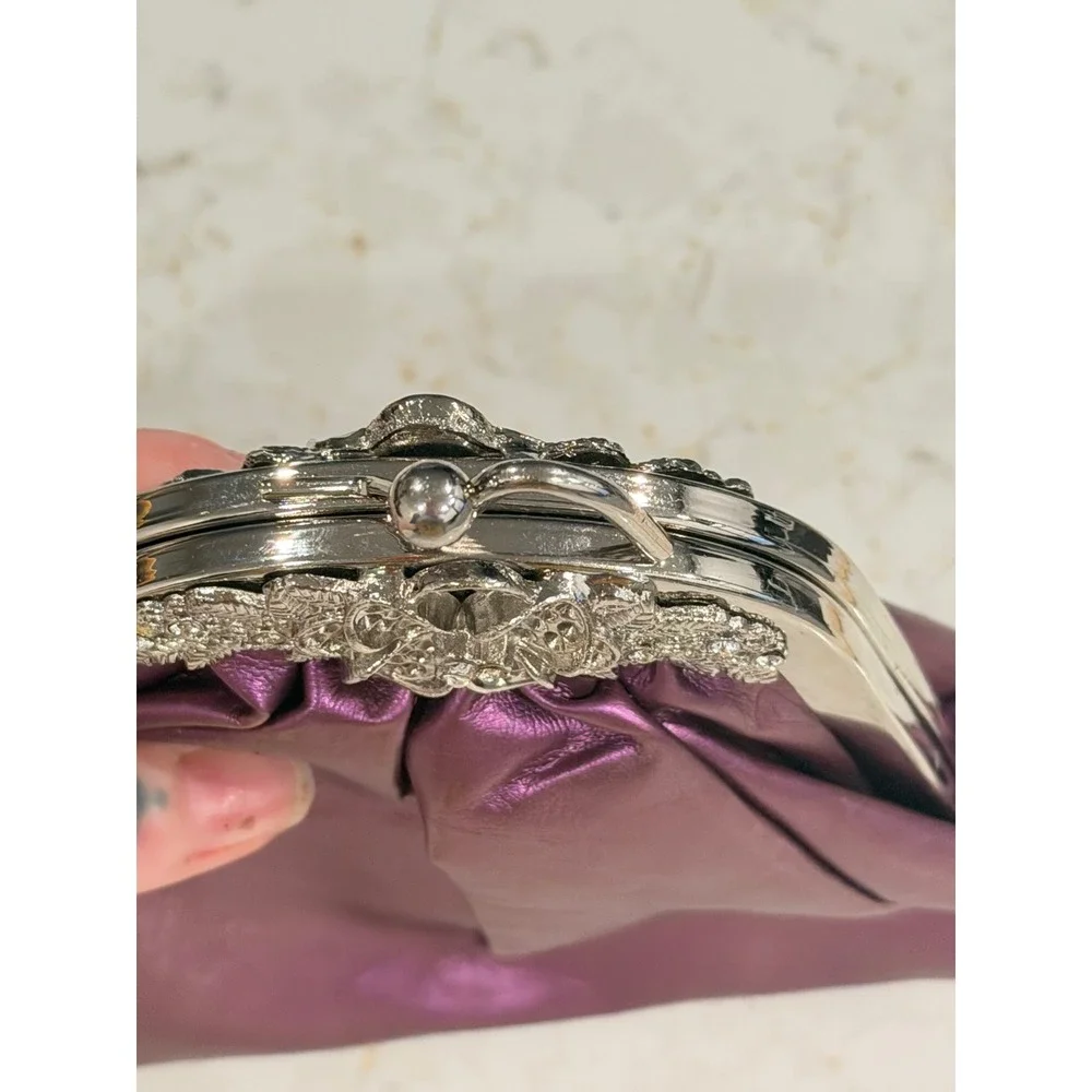 Metallic‎ Purple Rhinestone Floral Kiss Lock Evening Clutch Bag Handheld Purse